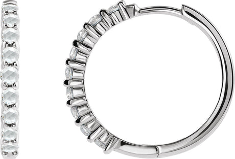 14K Gold Round Natural Diamond Cabochon Hinged Hoop Earrings - White Gold