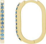 14K Gold Round Natural London Blue Topaz Accented Elongated Hoop Earrings – 20x13.39mm – 1.5mm Stones - Yellow Gold