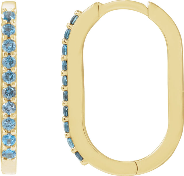 14K Gold Round Natural London Blue Topaz Accented Elongated Hoop Earrings – 20x13.39mm – 1.5mm Stones - Yellow Gold