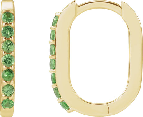 14K Gold Round Natural Tsavorite Garnet Accented Elongated Hoop Earrings - Yellow Gold