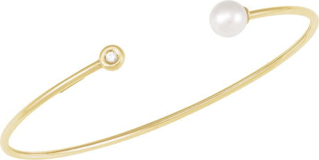 14K Gold Cultured White Freshwater Pearl & Natural Diamond Accented Pearl Cuff Bracelet – 03 CTW