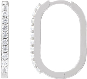 Platinum Round Natural White Sapphire Accented Elongated Hoop Earrings – 20x13.39mm