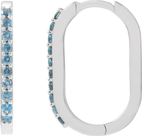 14K Gold Round Natural London Blue Topaz Accented Elongated Hoop Earrings – 20x13.39mm – 1.5mm Stones - White Gold