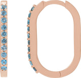 14K Gold Round Natural London Blue Topaz Accented Elongated Hoop Earrings – 20x13.39mm – 1.5mm Stones - Rose Gold