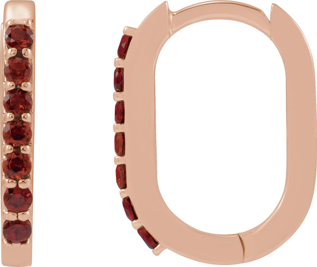 14K Gold Round Natural Mozambique Garnet Accented Elongated Hoop Earrings - Rose Gold