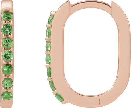 14K Gold Round Natural Tsavorite Garnet Accented Elongated Hoop Earrings - Rose Gold
