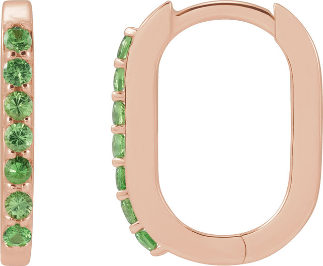 14K Gold Round Natural Tsavorite Garnet Accented Elongated Hoop Earrings - Rose Gold