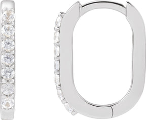 14K Gold Round Natural White Sapphire Accented Elongated Hoop Earrings - White Gold