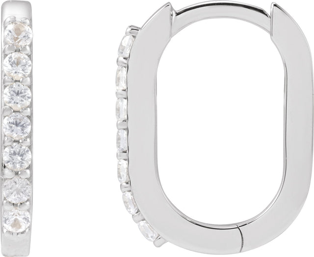 14K Gold Round Natural White Sapphire Accented Elongated Hoop Earrings - White Gold
