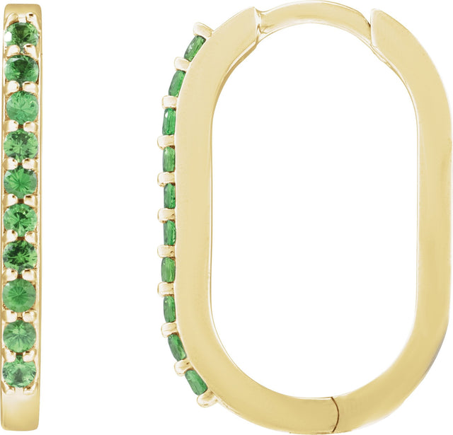 14K Gold Round Natural Tsavorite Garnet Accented Elongated Hoop Earrings – 20x13.39mm – 1.5mm Stones - Yellow Gold