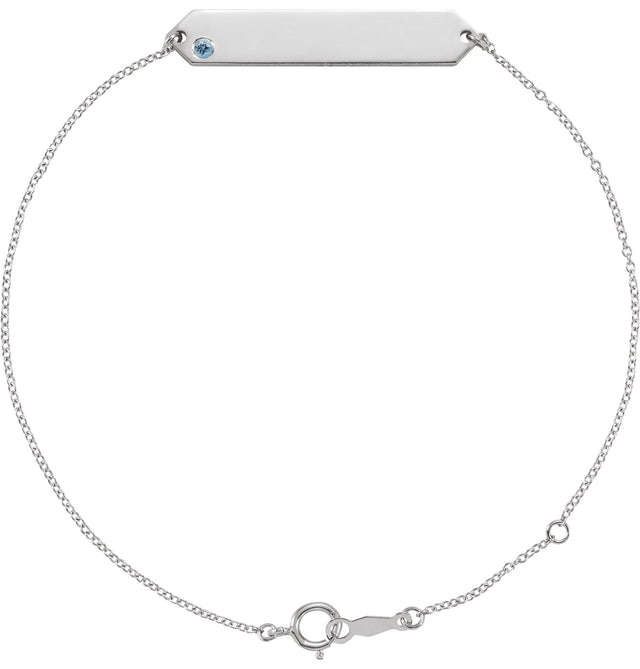 14K Gold Round Natural Aquamarine Engravable Geometric Bracelet - White Gold