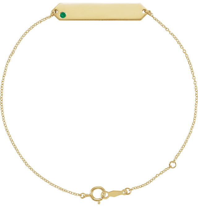 14K Gold Round Lab-Grown Emerald Engravable Geometric Bracelet - Yellow Gold