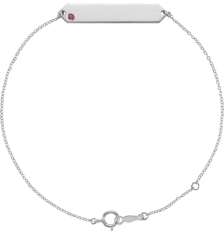 14K Gold Round Natural Pink Tourmaline Engravable Geometric Bracelet - White Gold
