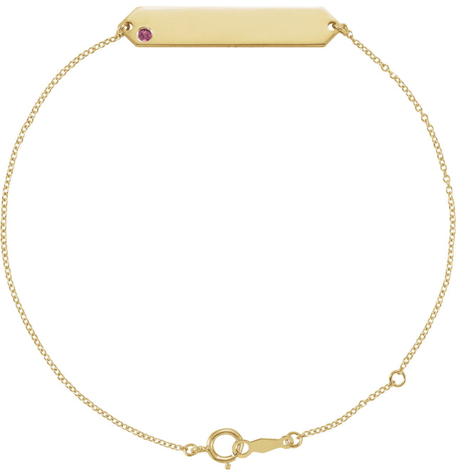 14K Gold Round Natural Pink Tourmaline Engravable Geometric Bracelet - Yellow Gold