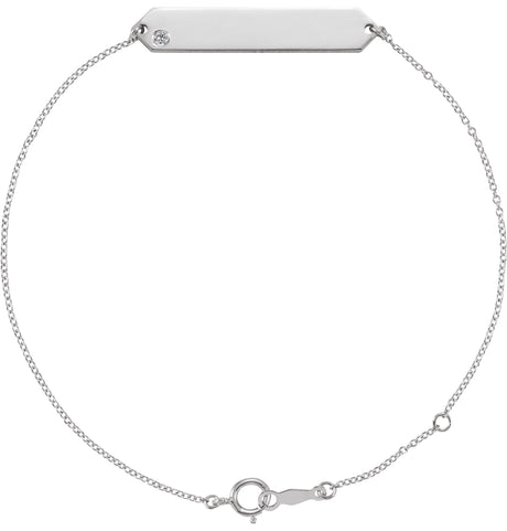 14K Gold Round Natural White Sapphire Engravable Geometric Bracelet - White Gold