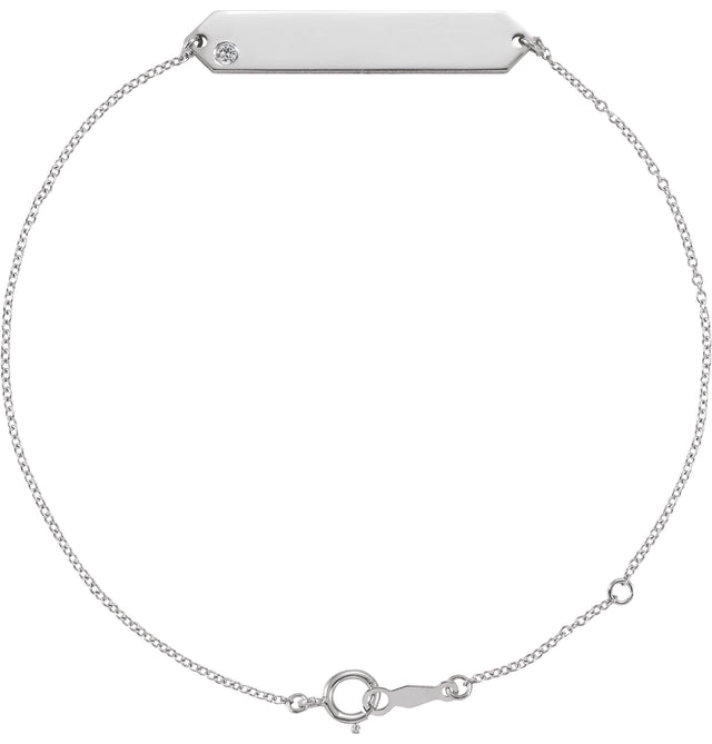 14K Gold Round Natural White Sapphire Engravable Geometric Bracelet - White Gold