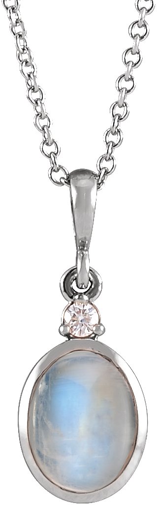 Platinum Oval Natural Rainbow Moonstone & Natural Diamond Cabochon Bezel-Set Necklace or Pendant