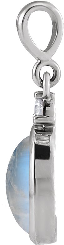 Platinum Oval Natural Rainbow Moonstone & Natural Diamond Cabochon Bezel-Set Necklace or Pendant - view 2