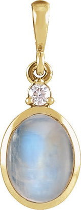 14K Gold Oval Natural Rainbow Moonstone & Natural Diamond Cabochon Bezel-Set Necklace or Pendant - Yellow Gold