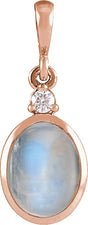 14K Gold Oval Natural Rainbow Moonstone & Natural Diamond Cabochon Bezel-Set Necklace or Pendant - Rose Gold