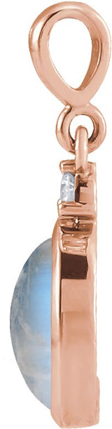 14K Gold Oval Natural Rainbow Moonstone & Natural Diamond Cabochon Bezel-Set Necklace or Pendant - Rose Gold - view 2