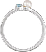 14K Gold Natural Aquamarine Pearl & Gemstone Ring – 5x3 mm Oval - White Gold - view 2