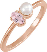 14K Gold Natural Pink Morganite Pearl & Gemstone Ring – 5x3 mm Oval - Rose Gold