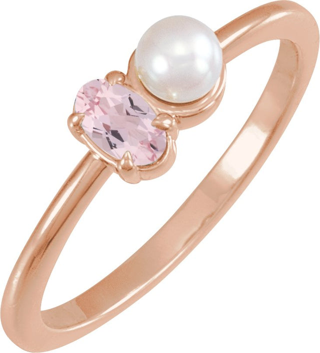 14K Gold Natural Pink Morganite Pearl & Gemstone Ring – 5x3 mm Oval - Rose Gold