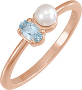 14K Gold Natural Aquamarine Pearl & Gemstone Ring – 5x3 mm Oval - Rose Gold