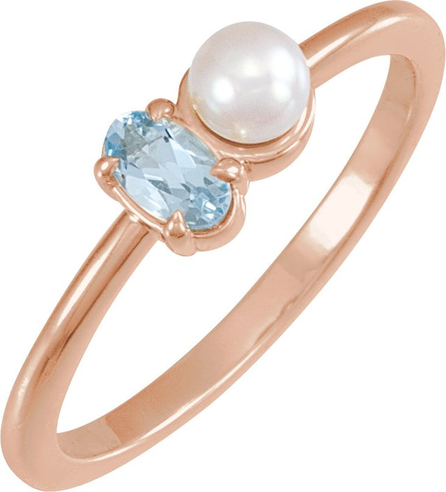 14K Gold Natural Aquamarine Pearl & Gemstone Ring – 5x3 mm Oval - Rose Gold