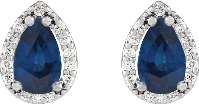 Platinum Lab-Grown Blue Sapphire Pear 4-Prong Halo-Style Low Stud Earring - view 2