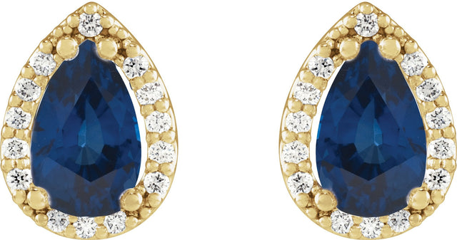 14K Gold Lab-Grown Blue Sapphire Pear 4-Prong Halo-Style Low Stud Earring - Yellow Gold - view 2