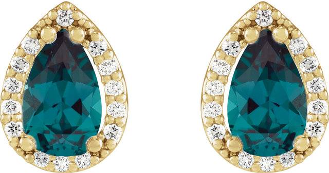 14K Gold Lab-Grown Alexandrite Pear 4-Prong Halo-Style Low Stud Earring - Yellow Gold - view 2
