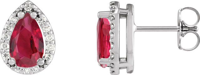 14K Gold Lab-Grown Ruby Pear 4-Prong Halo-Style Low Stud Earring - White Gold