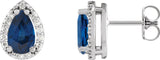 Platinum Lab-Grown Blue Sapphire Pear 4-Prong Halo-Style Low Stud Earring