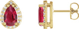 14K Gold Lab-Grown Ruby Pear 4-Prong Halo-Style Low Stud Earring - Yellow Gold