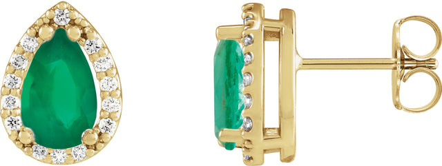 14K Gold Lab-Grown Emerald Pear 4-Prong Halo-Style Low Stud Earring - Yellow Gold