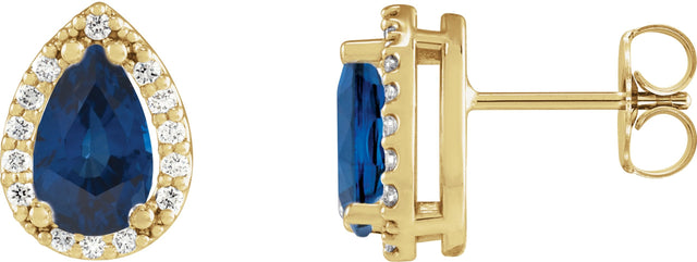14K Gold Lab-Grown Blue Sapphire Pear 4-Prong Halo-Style Low Stud Earring - Yellow Gold