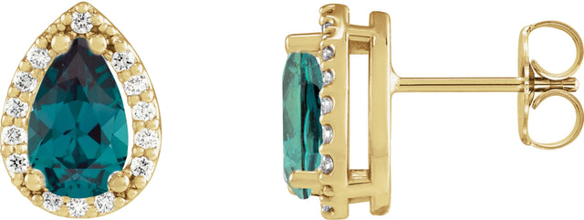 14K Gold Lab-Grown Alexandrite Pear 4-Prong Halo-Style Low Stud Earring - Yellow Gold