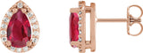 14K Gold Lab-Grown Ruby Pear 4-Prong Halo-Style Low Stud Earring - Rose Gold
