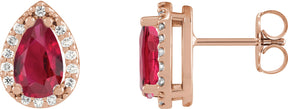 14K Gold Lab-Grown Ruby Pear 4-Prong Halo-Style Low Stud Earring - Rose Gold