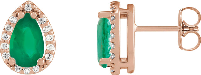 14K Gold Lab-Grown Emerald Pear 4-Prong Halo-Style Low Stud Earring - Rose Gold