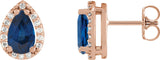14K Gold Lab-Grown Blue Sapphire Pear 4-Prong Halo-Style Low Stud Earring - Rose Gold