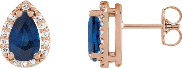 14K Gold Lab-Grown Blue Sapphire Pear 4-Prong Halo-Style Low Stud Earring - Rose Gold