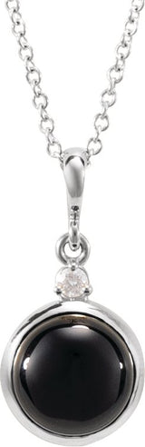 14K Gold Oval Natural Black Onyx & Natural Diamond Cabochon Bezel-Set Necklace or Pendant - White Gold