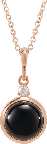 14K Gold Oval Natural Black Onyx & Natural Diamond Cabochon Bezel-Set Necklace or Pendant - Rose Gold