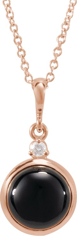 14K Gold Oval Natural Black Onyx & Natural Diamond Cabochon Bezel-Set Necklace or Pendant - Rose Gold