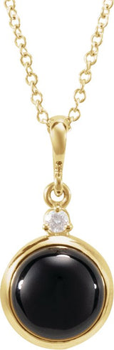 14K Gold Oval Natural Black Onyx & Natural Diamond Cabochon Bezel-Set Necklace or Pendant - Yellow Gold