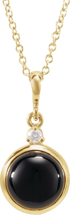 14K Gold Oval Natural Black Onyx & Natural Diamond Cabochon Bezel-Set Necklace or Pendant - Yellow Gold