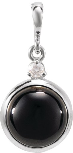 14K Gold Oval Natural Black Onyx & Natural Diamond Cabochon Bezel-Set Necklace or Pendant - White Gold